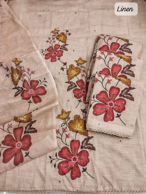 A beautiful linen fabric set featuring vibrant floral patterns in shades of red, yellow, and brown, with intricate detailing and lace trim.