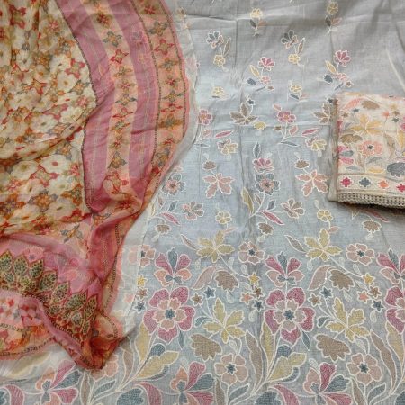 Beautifully embroidered Chanderi fabric featuring floral designs in pastel colors, accompanied by a matching dupatta and detailed border.