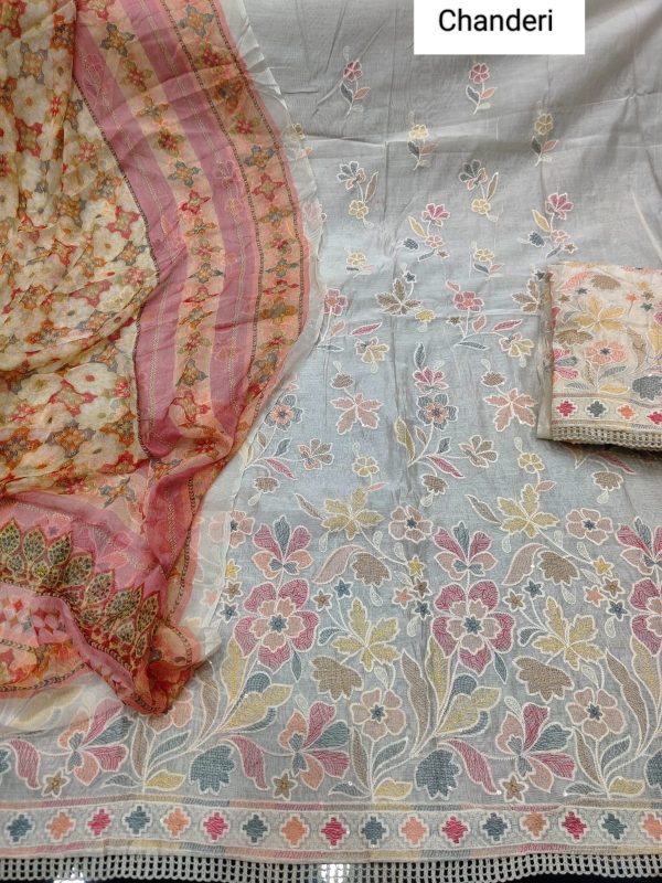 Beautifully embroidered Chanderi fabric featuring floral designs in pastel colors, accompanied by a matching dupatta and detailed border.